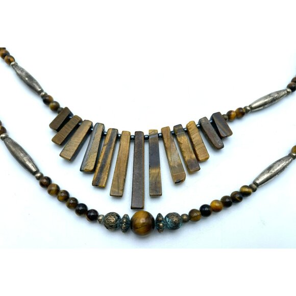 Vintage Tigers Eye & Silver Double Strand Beaded Hand Crafted Statement Necklace - Picture 7 of 9